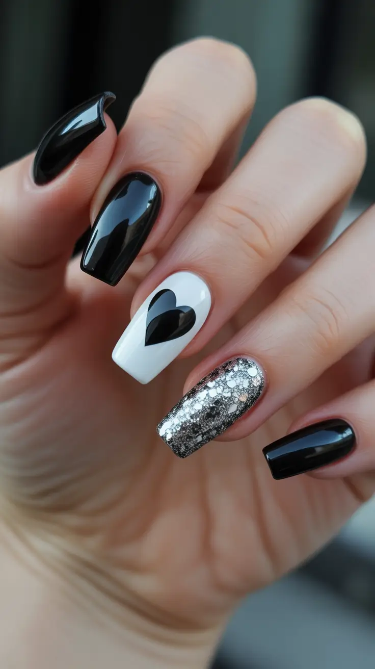 February nails designs 2026 - Black Coffin Glam With A Silver Sparkle Statement
