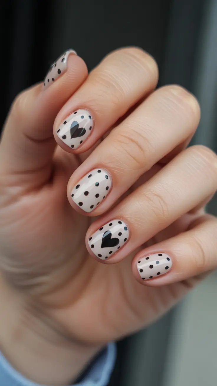 February nails designs 2026 - Minimal Nude Dots And Tiny Black Hearts
