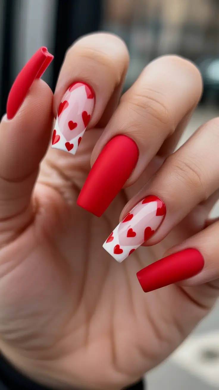 February nails designs 2026 - Matte Red Coffin Nails With Heart Confetti Tips
