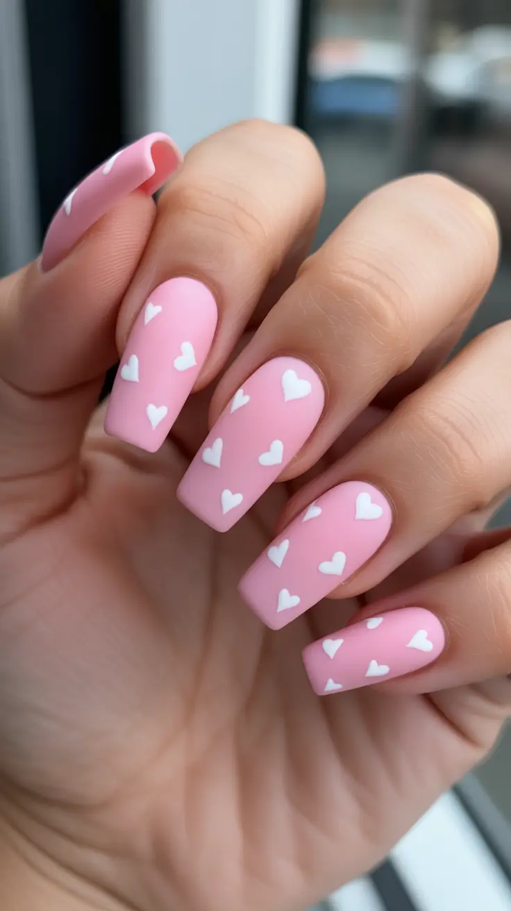 February nails designs 2026 - Pink Coffin Hearts For A Soft Valentine Mood