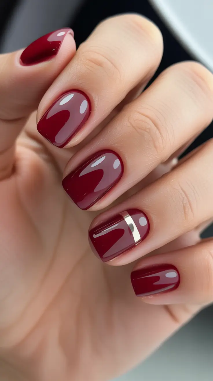February nails designs 2026 - Deep Wine Short Nails With A Minimal Chrome Line