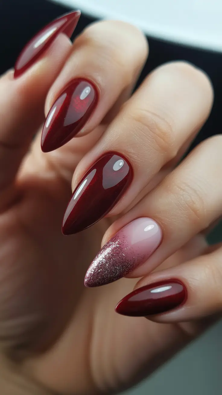 February nails designs 2026 - Merlot Almonds With A Sparkle Accent