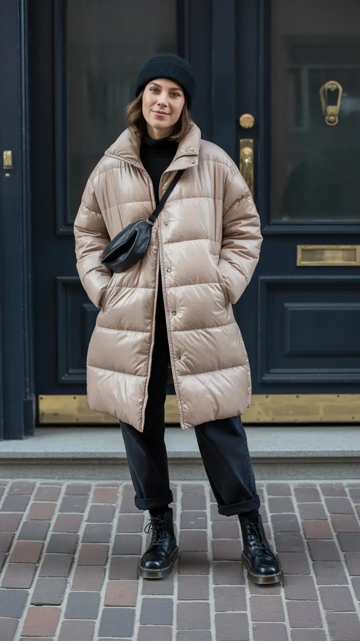 February outfits ideas 2026 - Shiny Neutral Puffer With Black City Basics