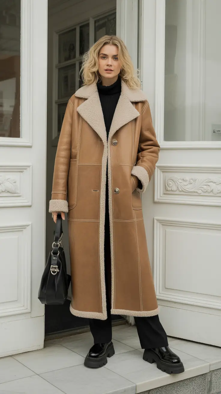 February outfits ideas 2026 - Camel Shearling Coat With Chunky Loafers