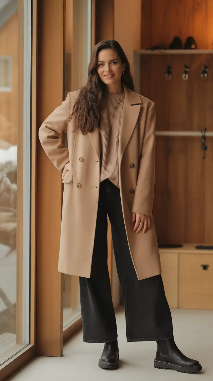 February outfits ideas 2026 - Camel Topcoat With Cozy Knit And Wide-Leg Jeans