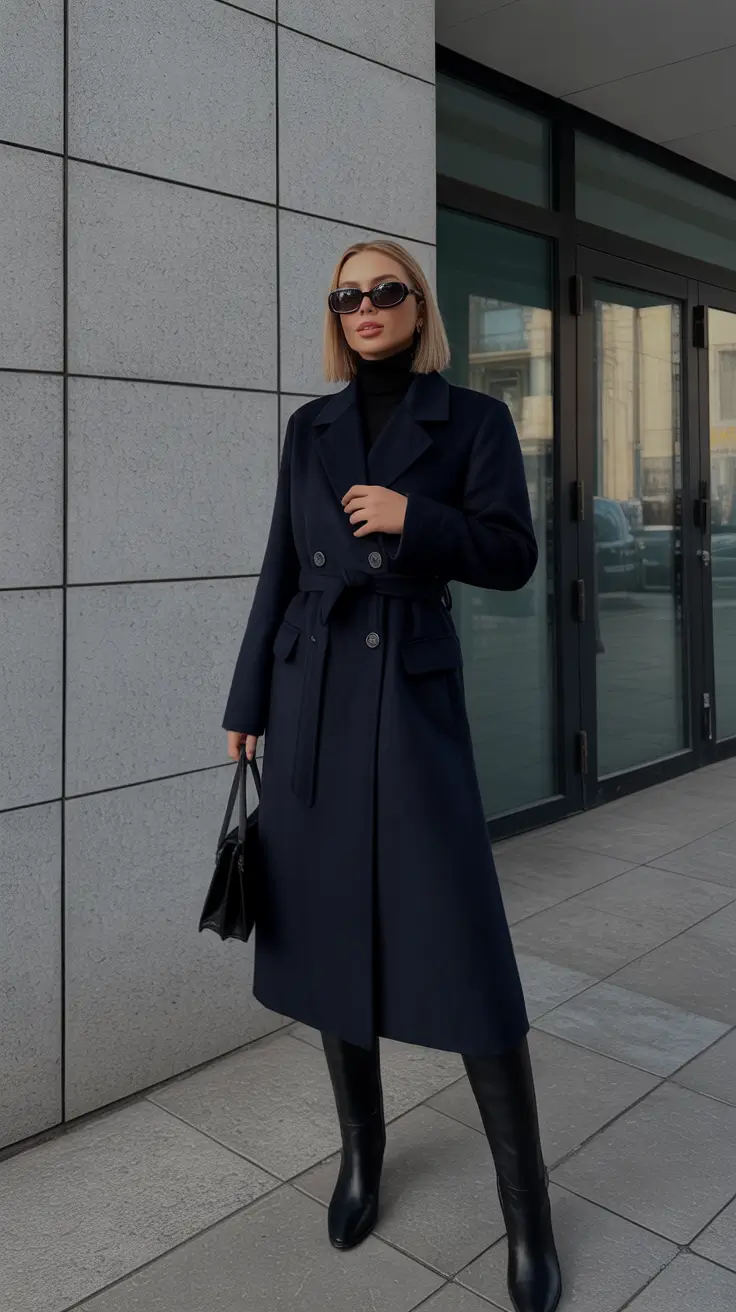 February outfits ideas 2026 - Navy Belted Coat With Sunglasses And Tall Boots