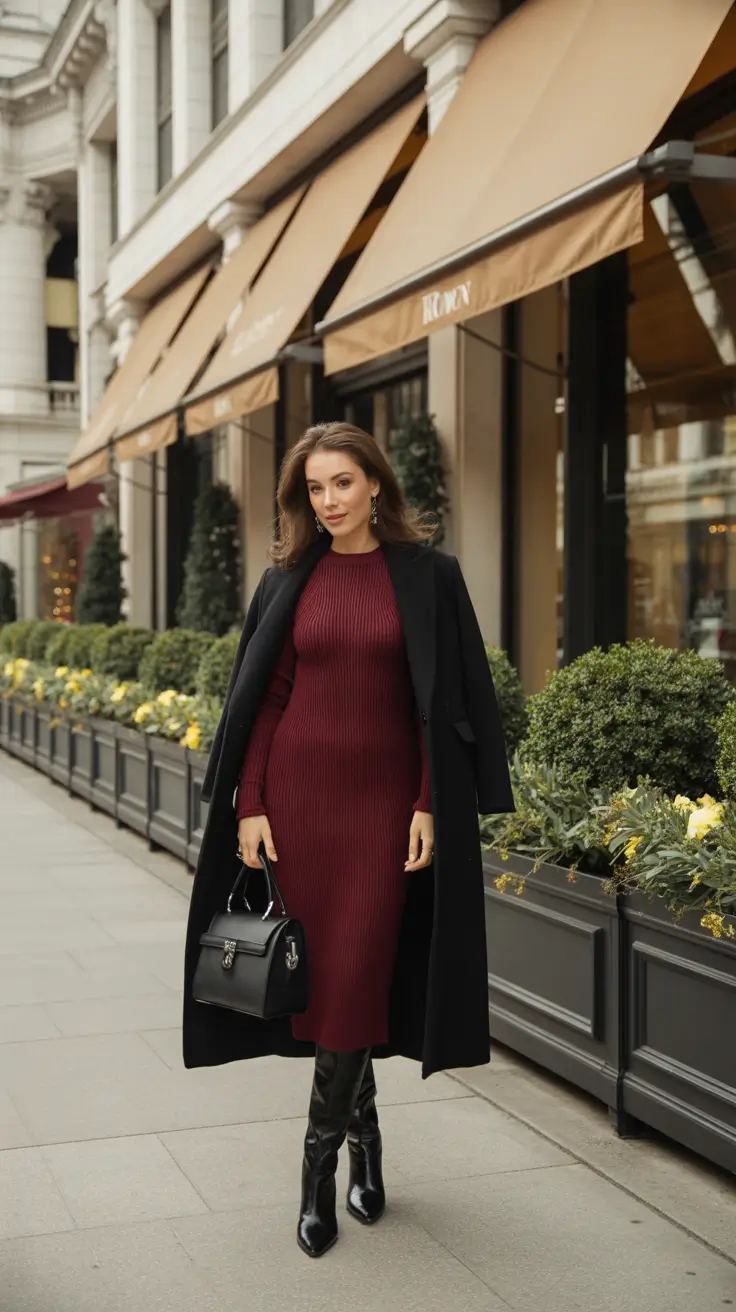 February outfits ideas 2026 - Burgundy Knit Dress With A Black Coat For Dinner Plans
