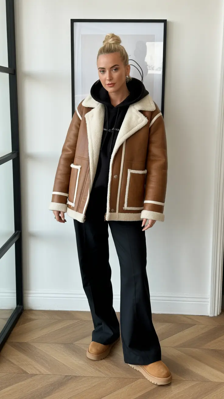 February outfits ideas 2026 - Cognac Shearling Jacket With Hoodie And Cozy Boots