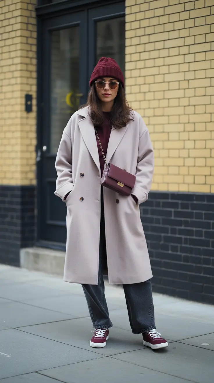 February outfits ideas 2026 - Soft Gray Coat With Burgundy Beanie And Casual Sneakers