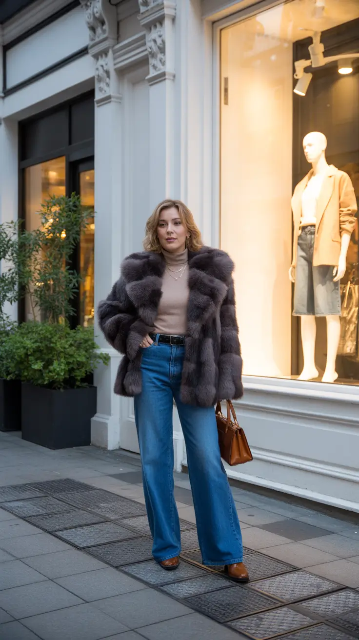 February outfits ideas 2026 - Plush Faux Fur With Wide Leg Denim Energy