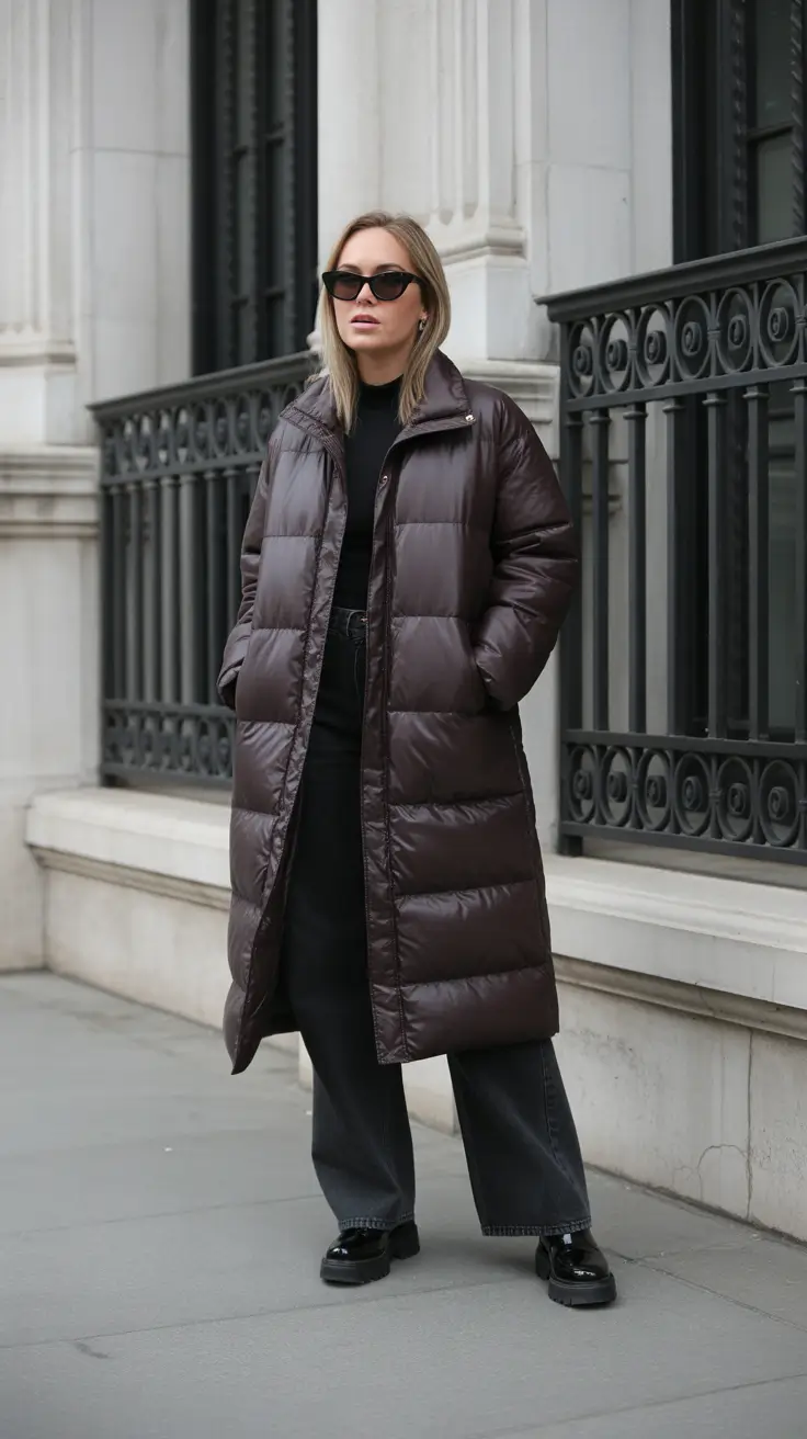 February outfits ideas 2026 - Chocolate Puffer And Black Basics For Real Cold Days