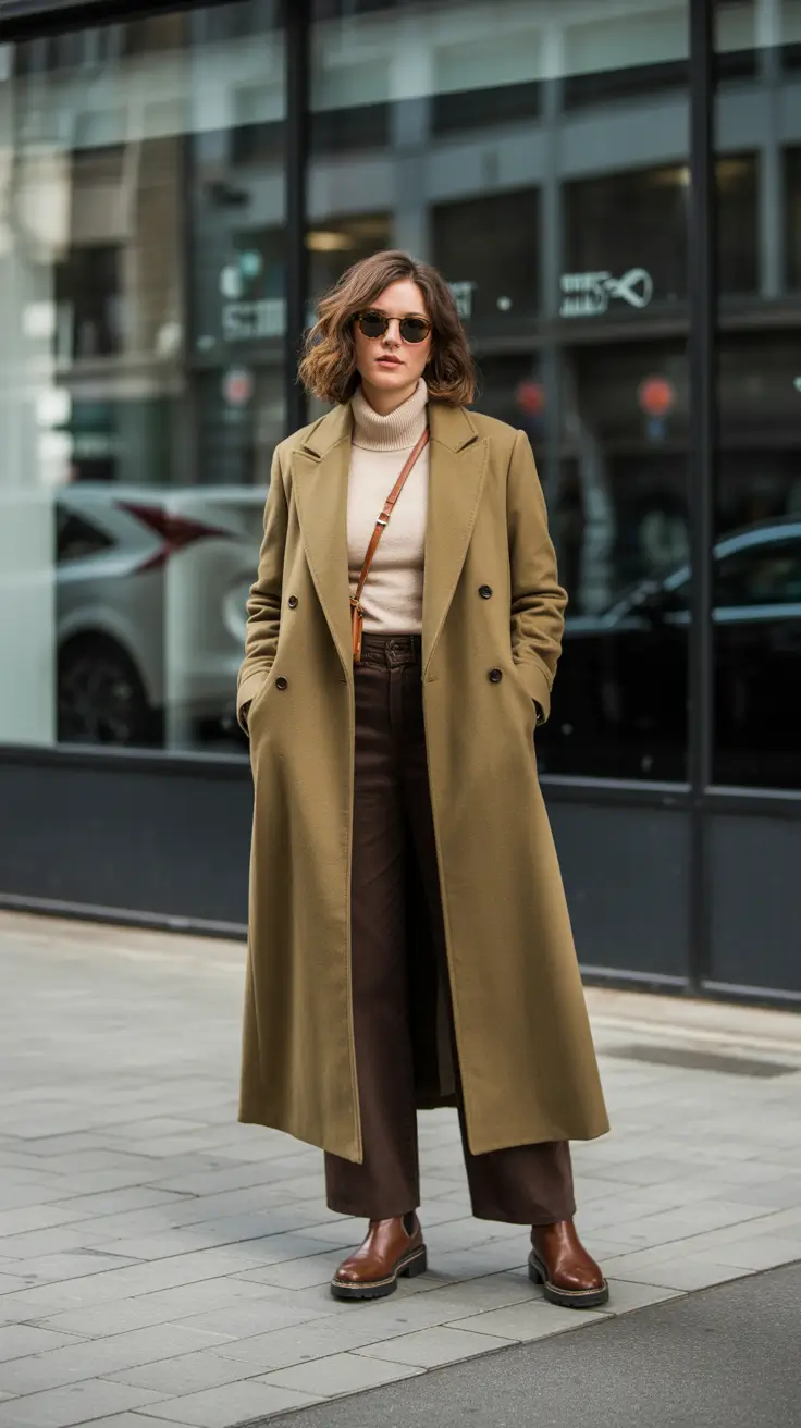 February outfits ideas 2026 - Olive Coat And Cream Knit For City Strolling