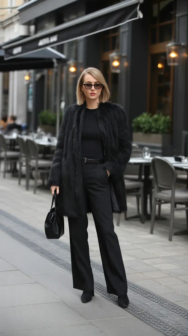 February outfits ideas 2026 - All Black Faux Fur For A Going Out Night