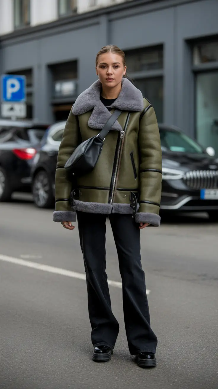 February outfits ideas 2026 - Olive Shearling Aviator And Clean Black Flares