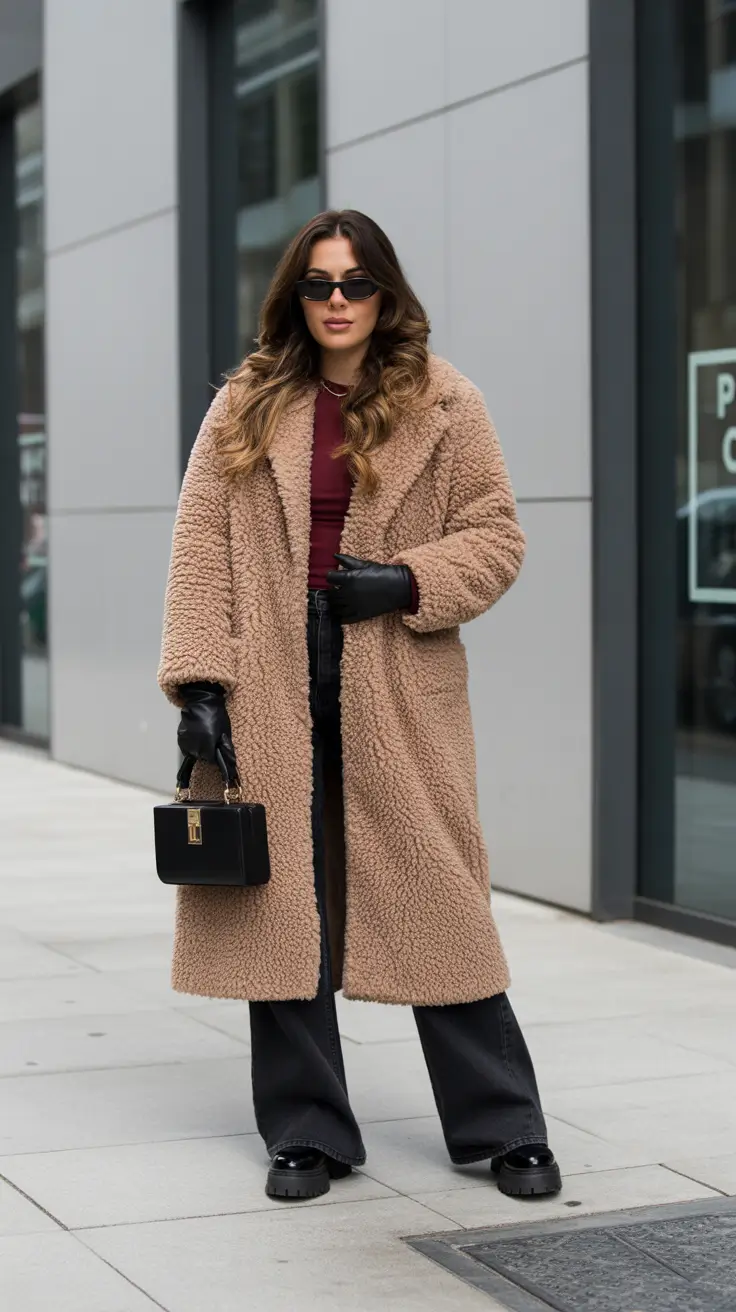 February outfits ideas 2026 - Teddy Coat And Burgundy Top With Dark Denim