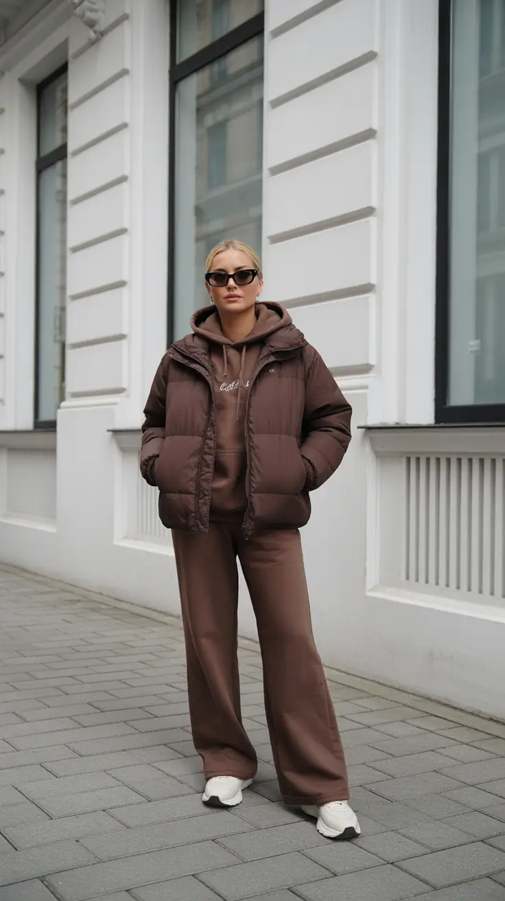 February outfits ideas 2026 - Chocolate Monochrome Hoodie Set With A Puffer Topper