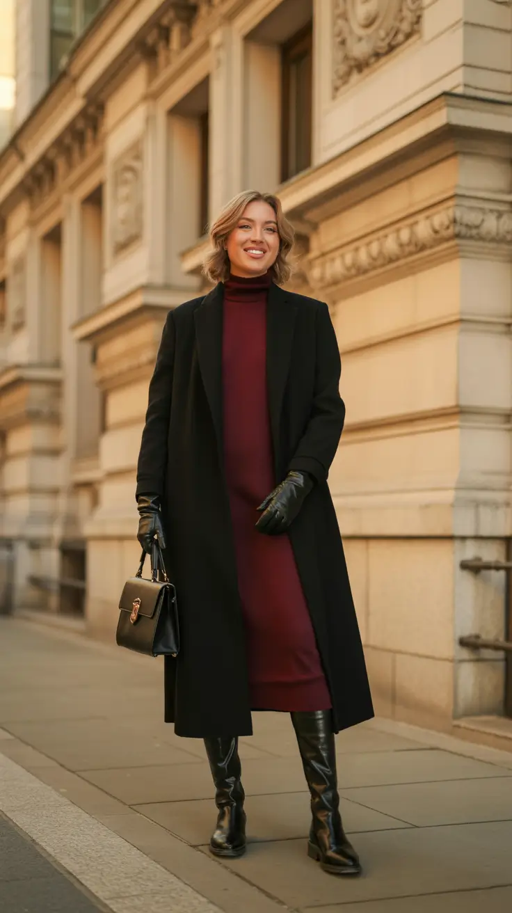 February outfits ideas 2026 - Burgundy Knit Dress With A Black City Coat
