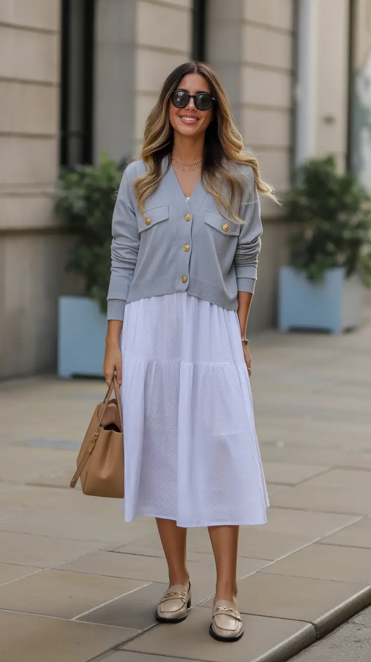 elegant italy outfits for spring 2026 - Soft Gray Cardigan And White Midi For Rome Mornings