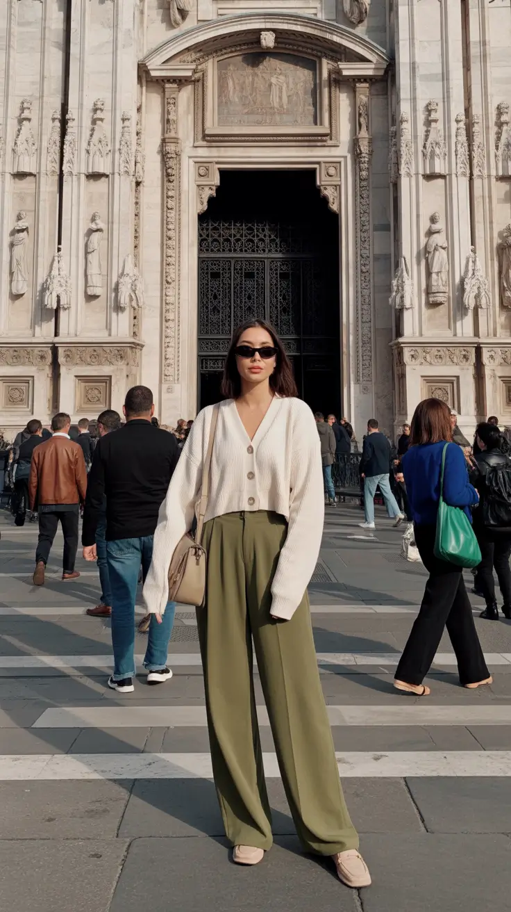 elegant italy outfits for spring 2026 - Cream Cardigan And Olive Wide Leg Trousers For A Cathedral Day