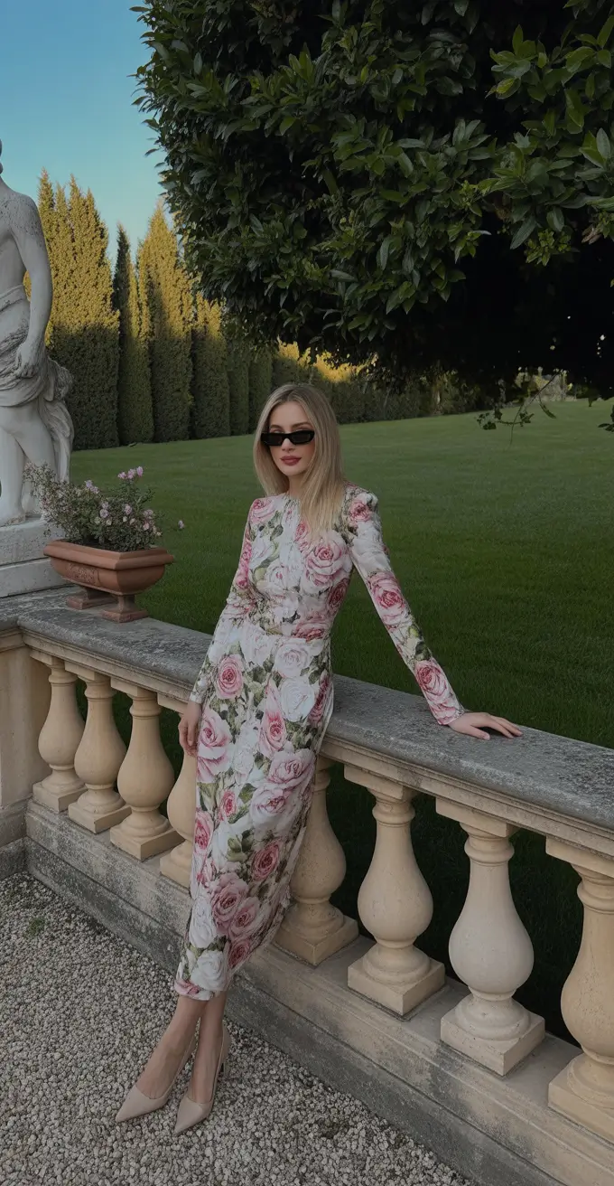elegant italy outfits for spring 2026 - Rose Print Midi Dress For Garden Villa Afternoons