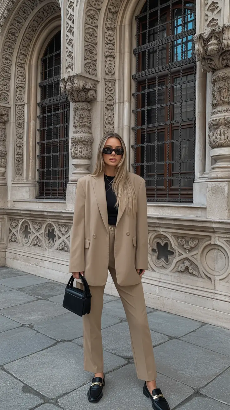 elegant italy outfits for spring 2026 - Oversized Sand Blazer With Black Base And Loafers