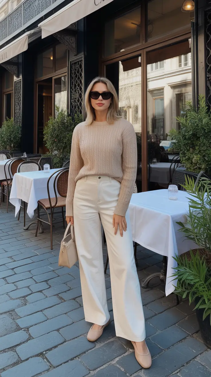 elegant italy outfits for spring 2026 - Beige Cable Knit And White Trousers For Cafe Mornings