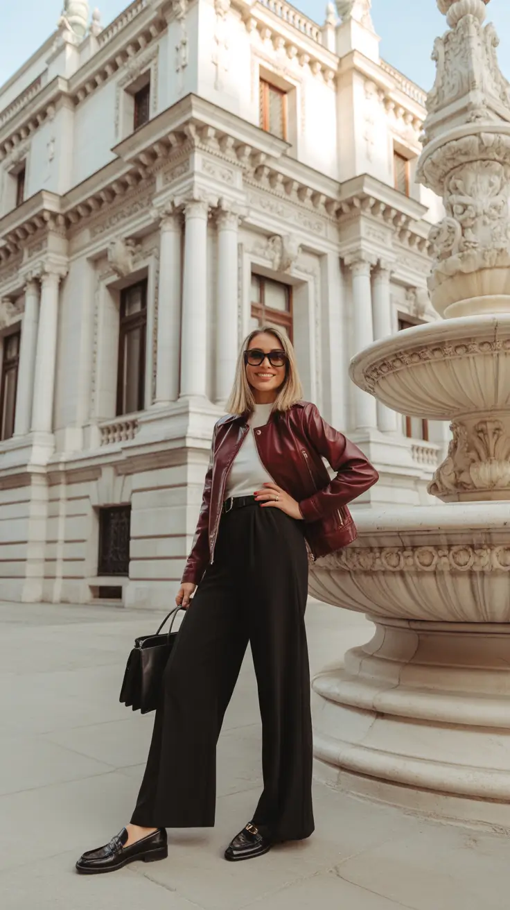 elegant italy outfits for spring 2026 - Burgundy Leather Jacket With Palazzo Pants