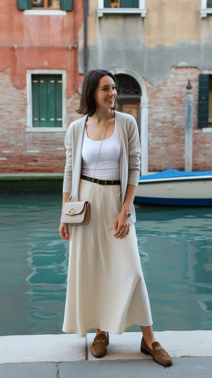 elegant italy outfits for spring 2026 - Cream Maxi Skirt With Soft Cardigan Ease