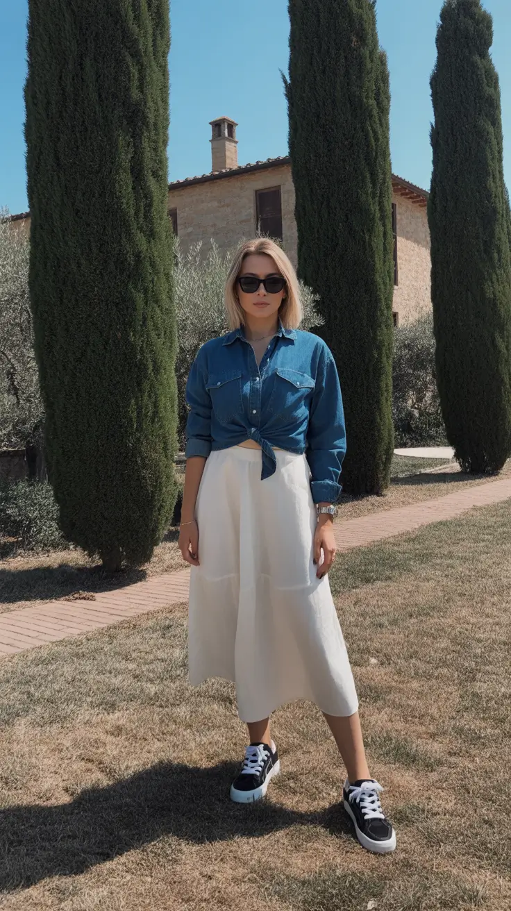 elegant italy outfits for spring 2026 - Denim Tie Front With Breezy White Midi