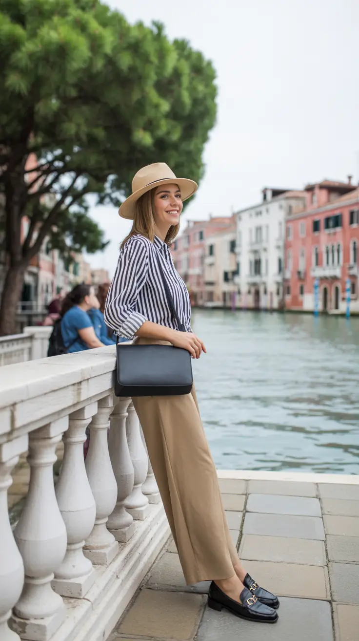 elegant italy outfits for spring 2026 - Striped Shirt And Tan Trousers By The Canal