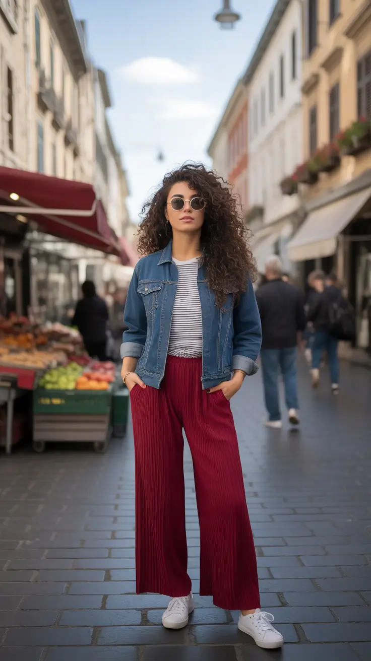 elegant italy outfits for spring 2026 - Red Wide Leg Trousers With Denim Jacket