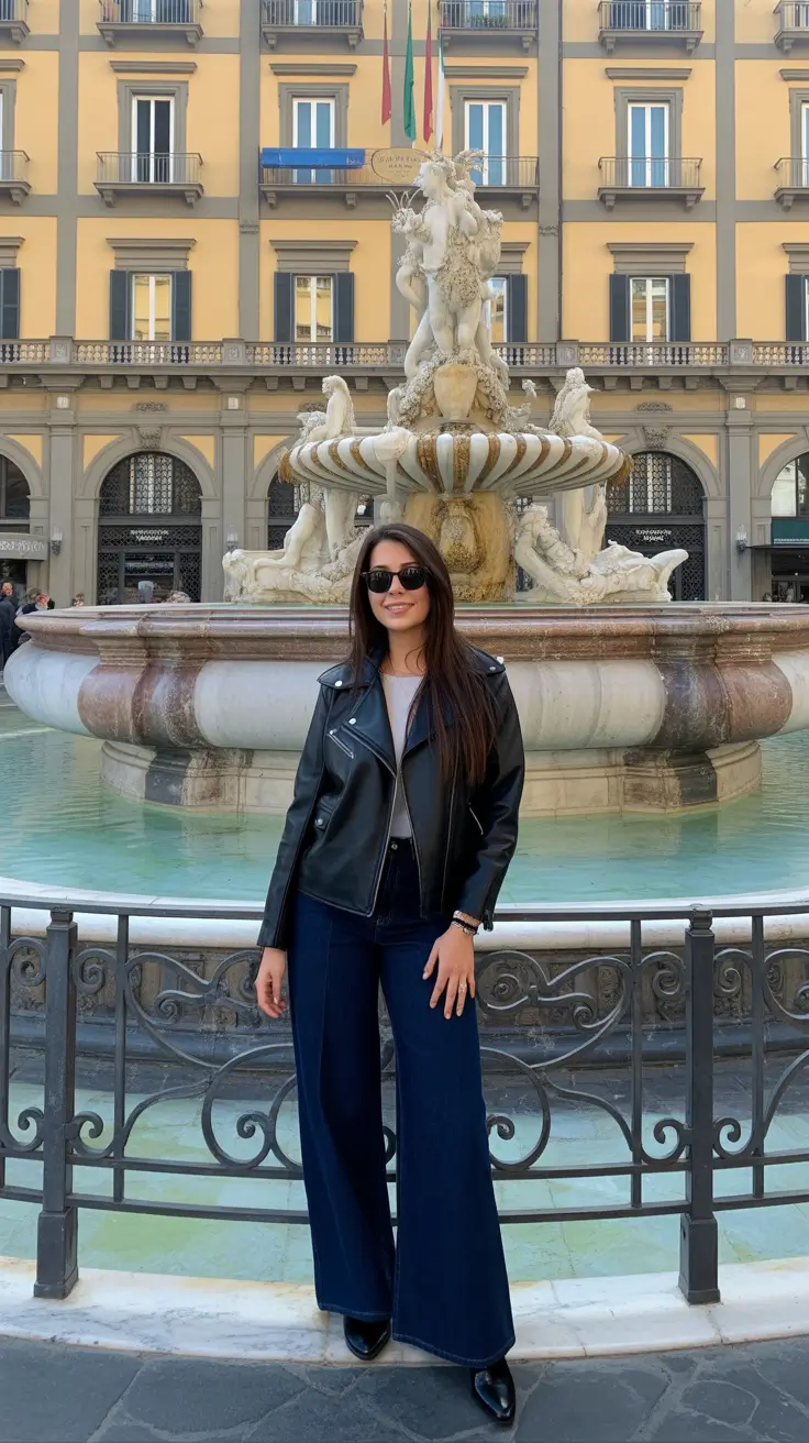 elegant italy outfits for spring 2026 - Leather Moto And Wide Leg Denim For Florence Espresso Stops