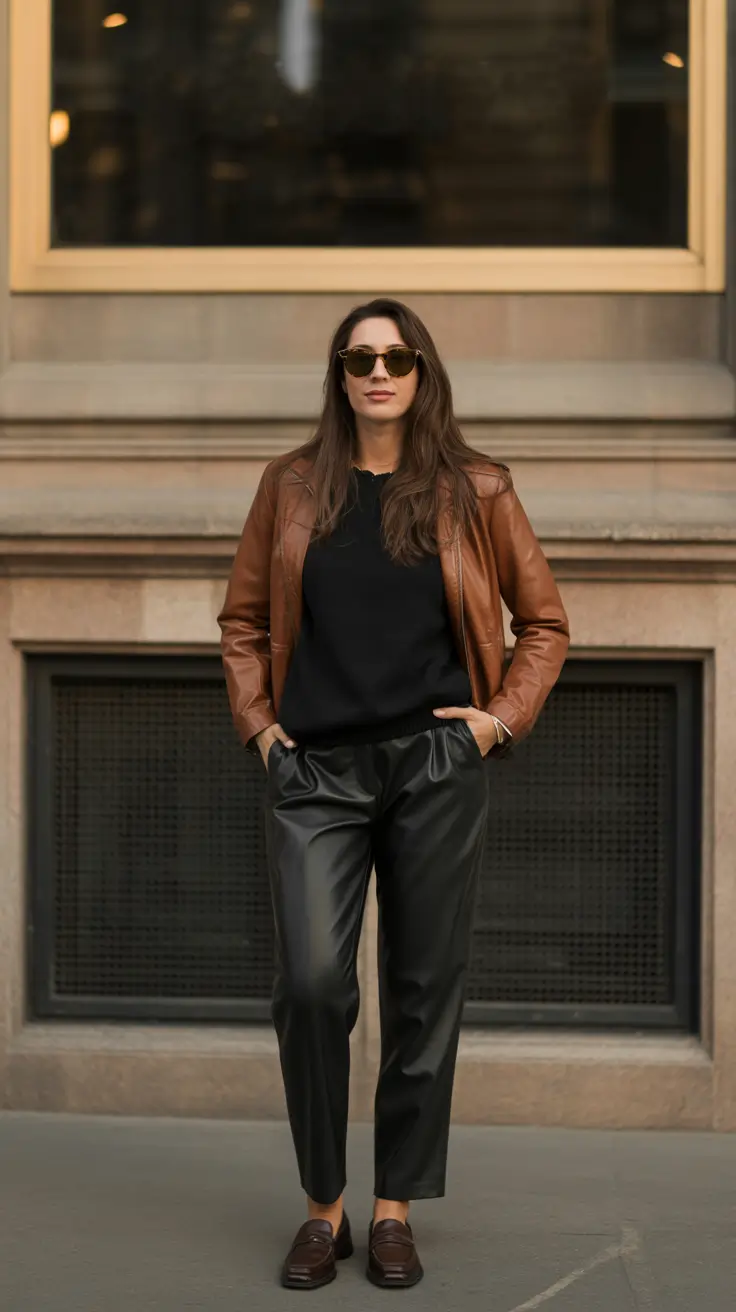 elegant italy outfits for spring 2026 - Cognac Leather And Black Trousers For Milan Evenings