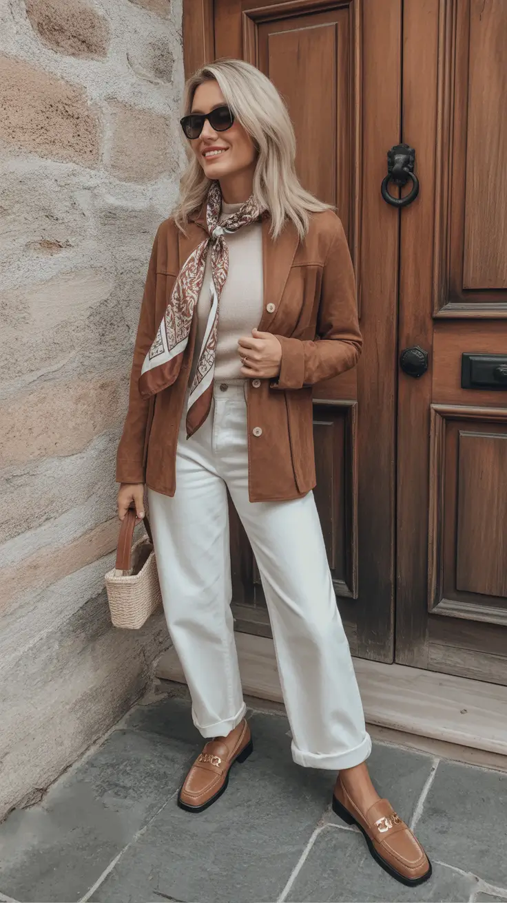 elegant italy outfits for spring 2026 - Suede Jacket And Silk Scarf For Tuscany Market Days