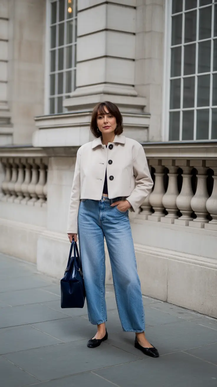 best london spring outfit 2026 - Cream Jacket And Wide Jeans For Classic April Energy