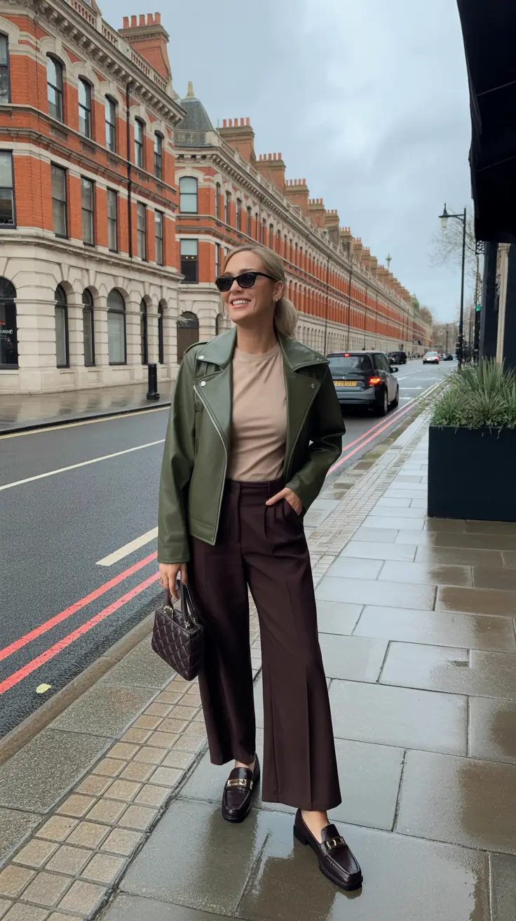 best london spring outfit 2026 - Rainy-Day Green Leather With Chocolate Trousers