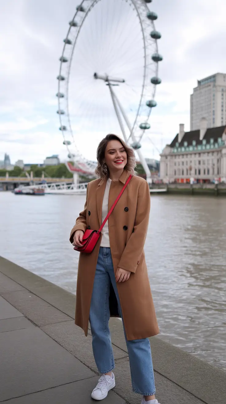 best london spring outfit 2026 - Camel Coat And Red Bag For River Walk Confidence
