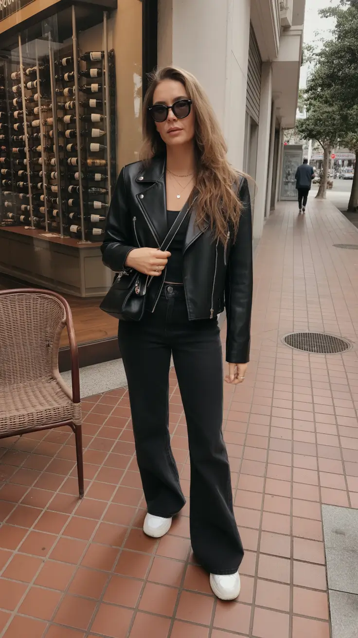 best london spring outfit 2026 - All Black Leather And White Sneakers For Cool Contrast