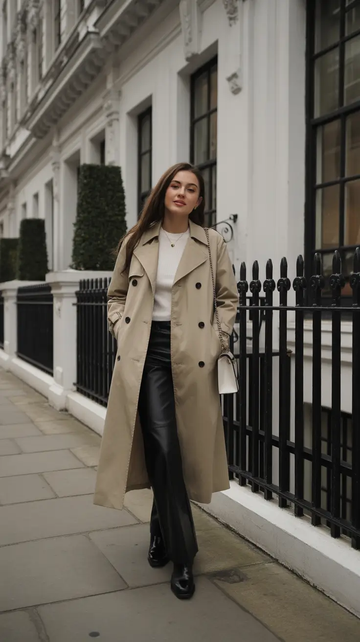 best london spring outfit 2026 - Classic Trench With Leather Pants Energy