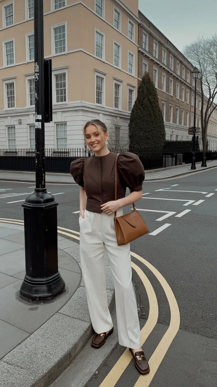 best london spring outfit 2026 - Chocolate Top And Cream Trousers For Polished City Plans