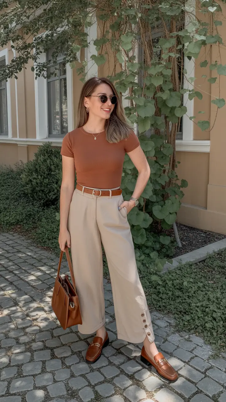 cute minimalist spring wardrobe ideas 2026 Cinnamon Knit And Sand Wide-Legs For Quiet-Confident Days