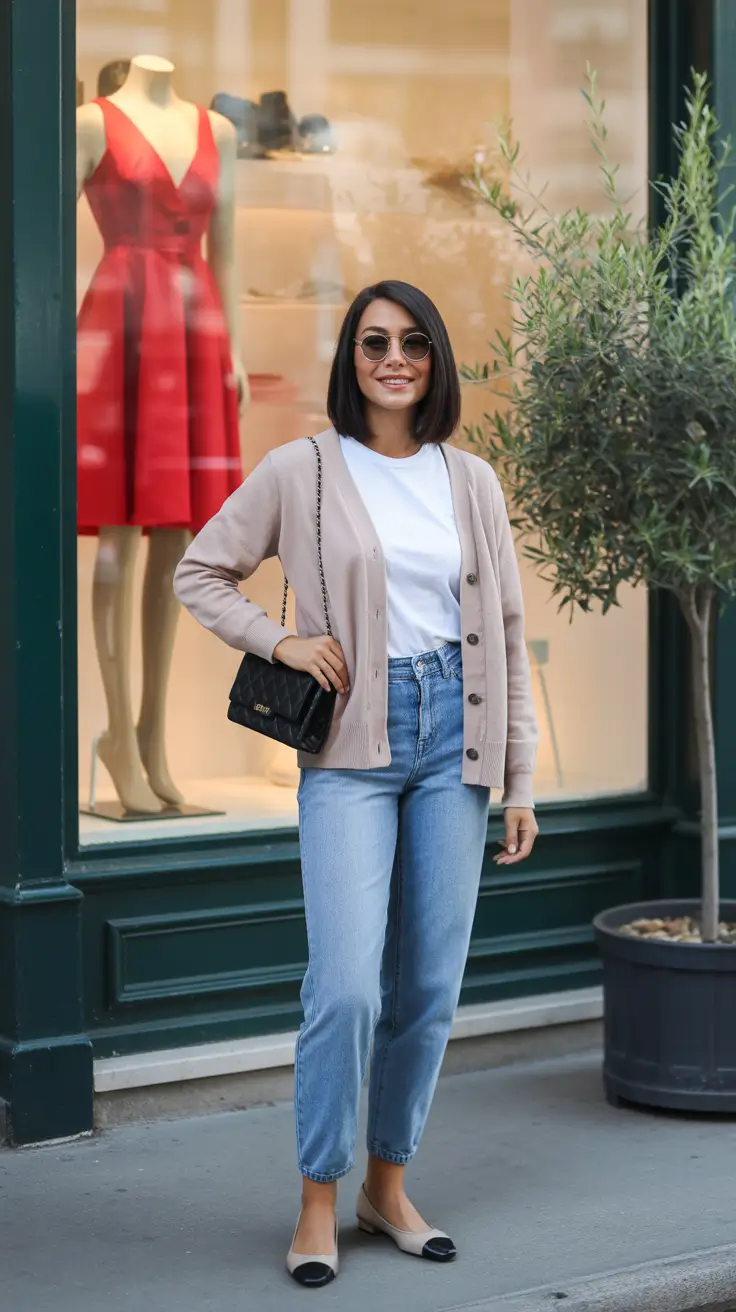 cute minimalist spring wardrobe ideas 2026 Soft Cardigan And Light Denim For Minimalist Feminine Energy