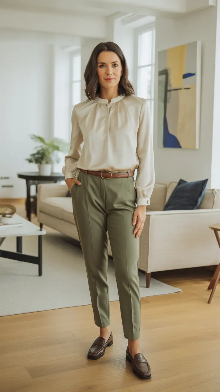 cute minimalist spring wardrobe ideas 2026 Cream Blouse And Olive Trousers For A Modern Neutral Workday