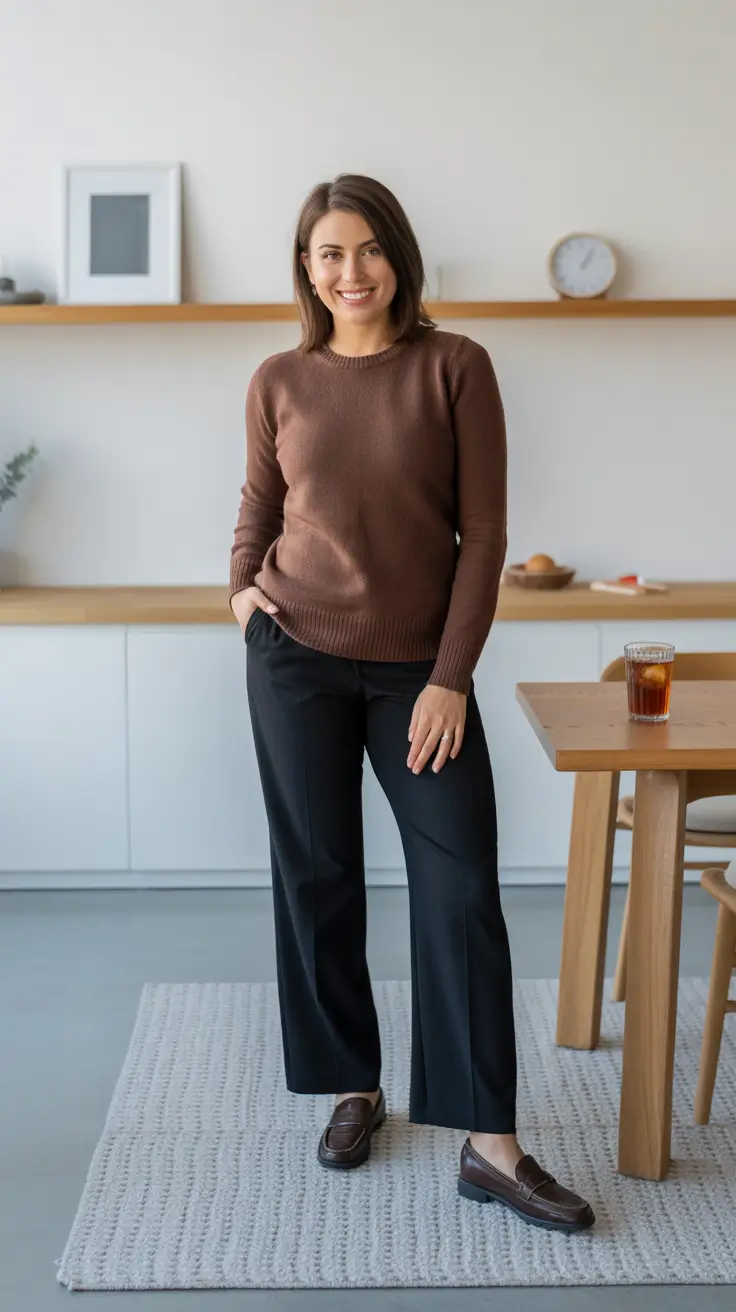 cute minimalist spring wardrobe ideas 2026 Chocolate Knit And Black Trousers For A Quiet Luxury Reset