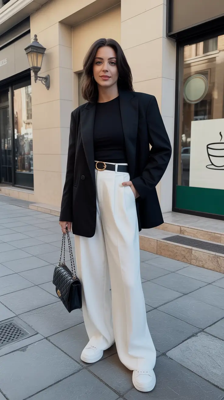 cute minimalist spring wardrobe ideas 2026 Black Blazer And White Trousers - Minimalist Power With Sneaker Energy