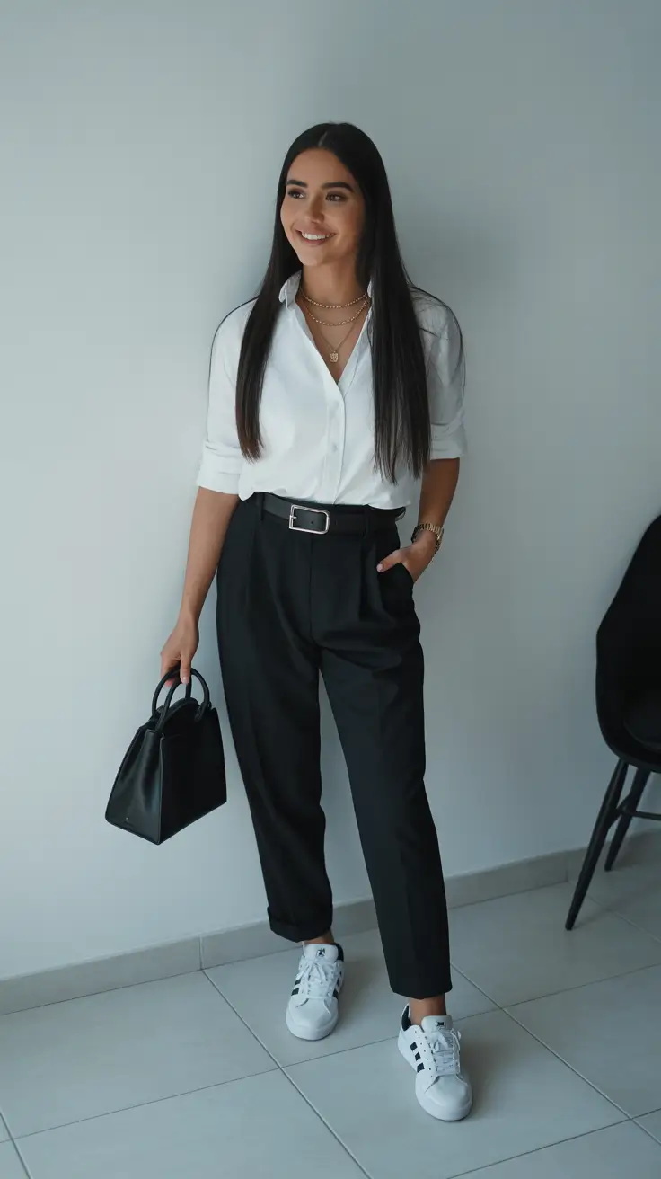 cute minimalist spring wardrobe ideas 2026 + White Shirt Black Trousers And Sneakers For Smart Casual Days