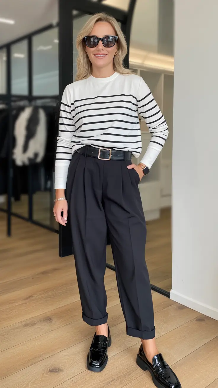 cute minimalist spring wardrobe ideas 2026 Breton Stripes And Pleated Trousers - French Minimalism With A Wink