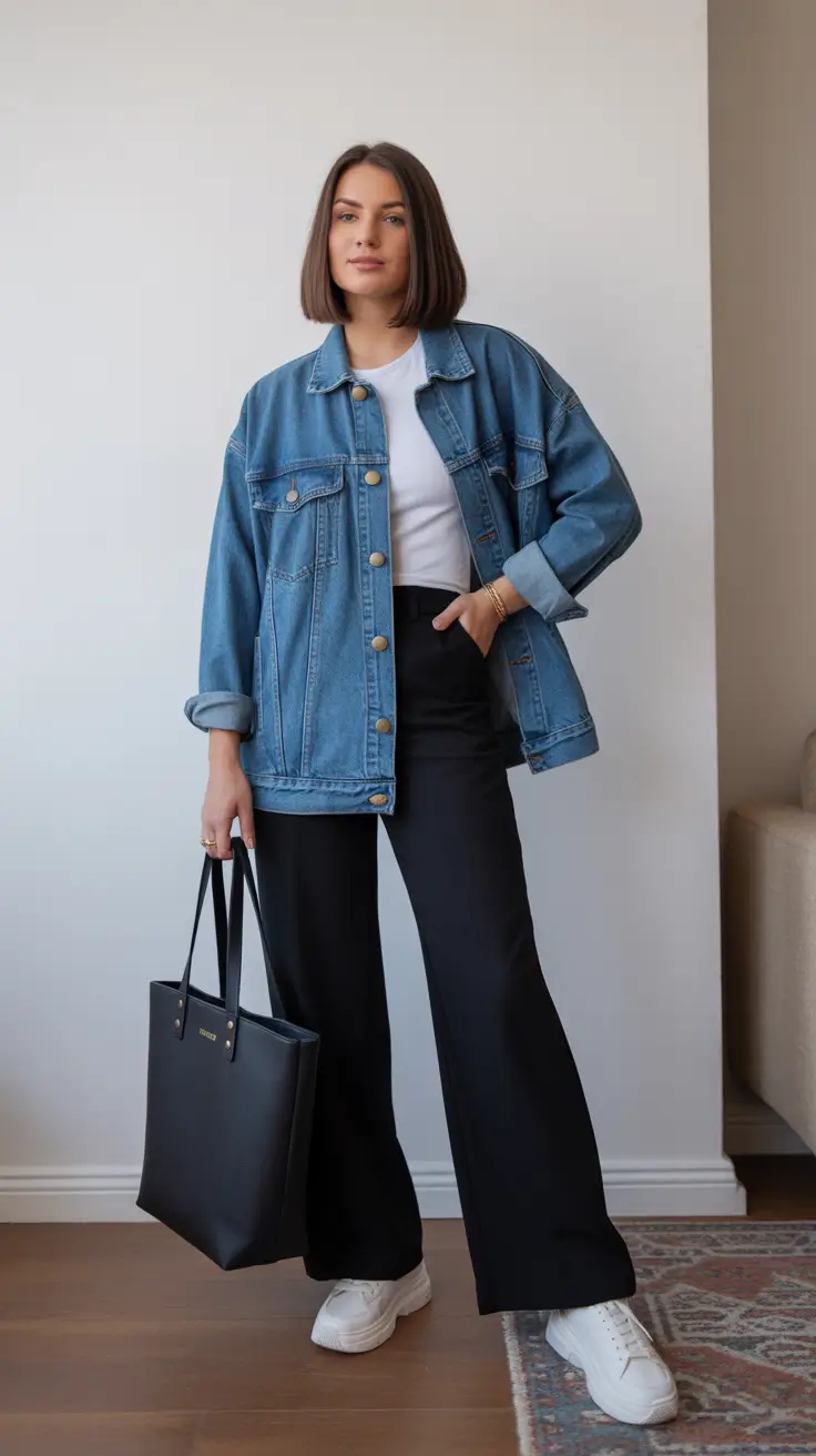 cute minimalist spring wardrobe ideas 2026 + Denim Overshirt And Black Wide-Leg Balance