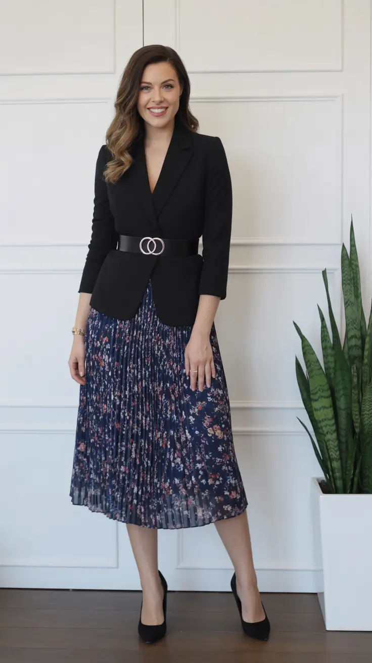 elegant modest spring outfits 2026 - Tailored Black Blazer With Floral Pleated Skirt