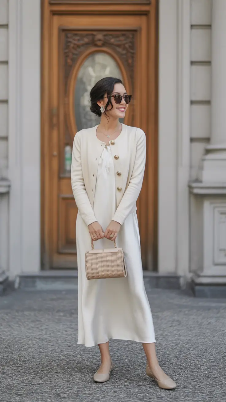 trendy old money spring outfits 2026 - Cream Cardigan And Slip Dress Quiet Luxury